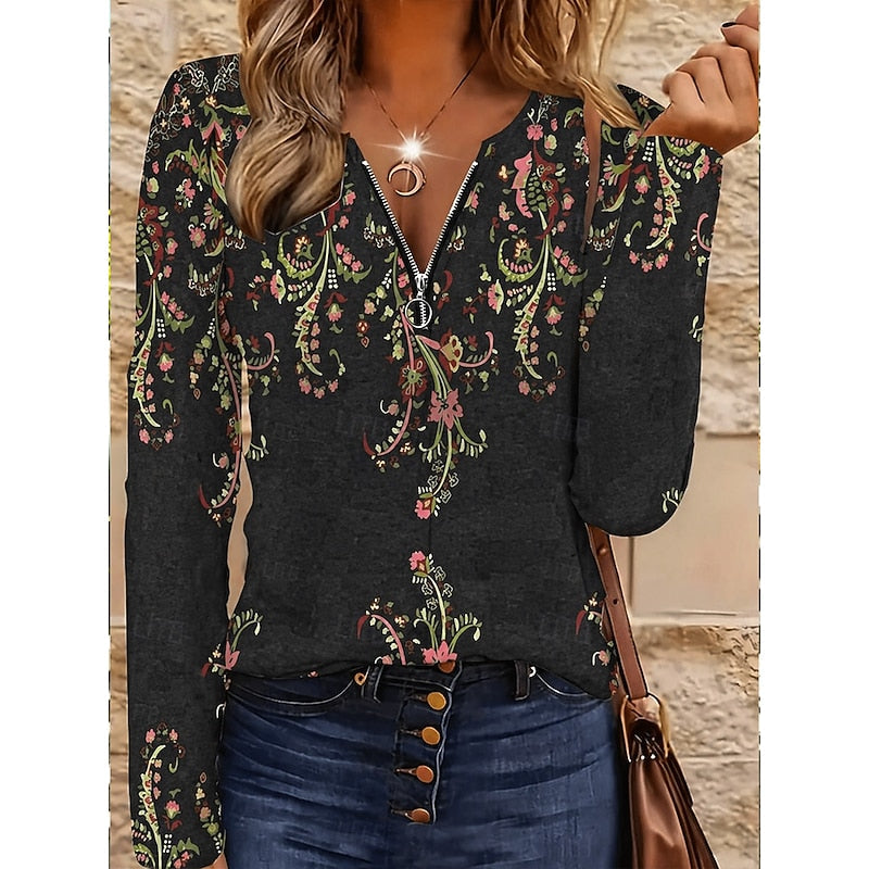 Haut fleuri à manches longues et col zippé — Amielle Paris