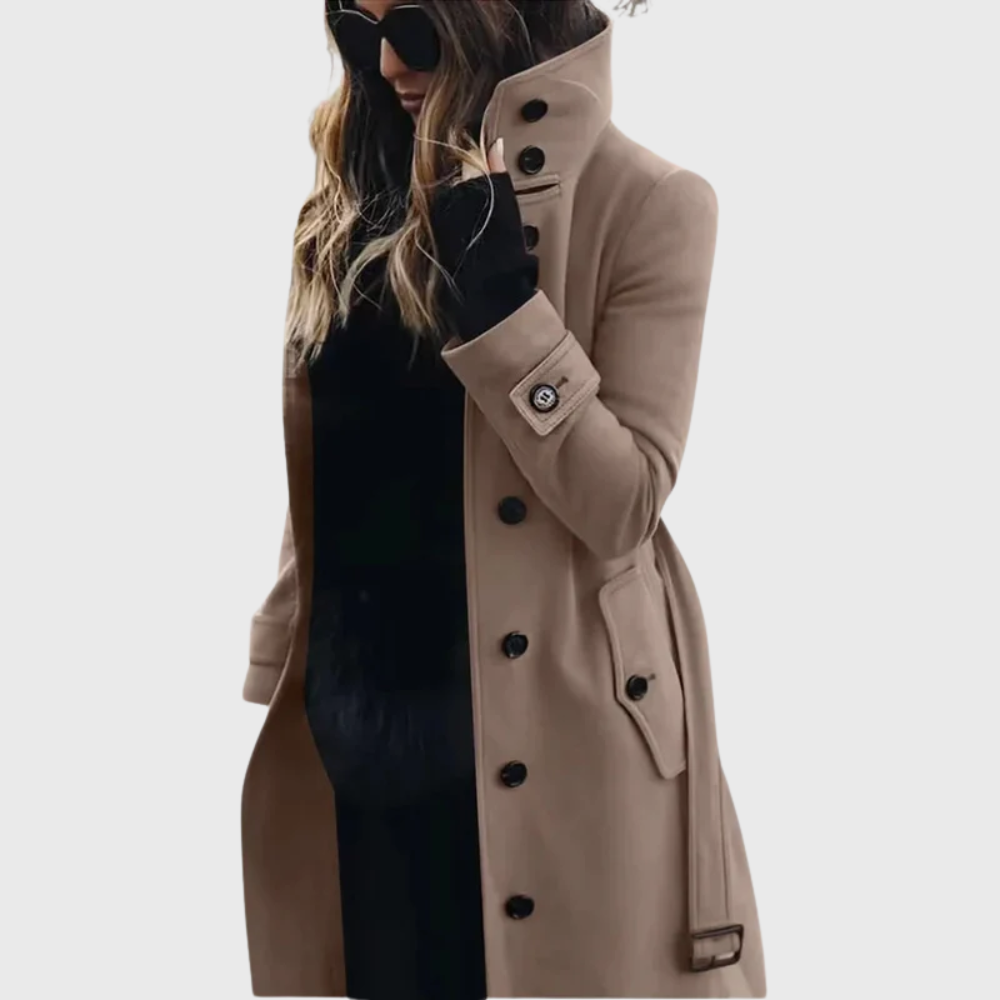 Manteau long à col montant et pattes aux poignets — Amielle Paris