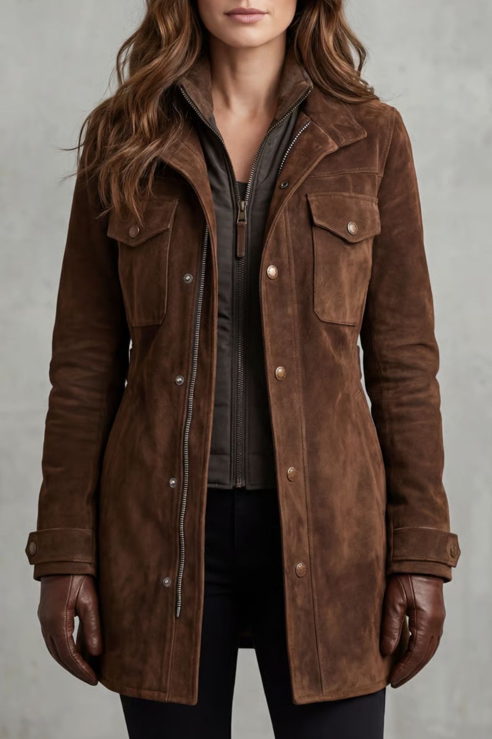 Veste longue aspect daim à poches poitrine — Amielle Paris