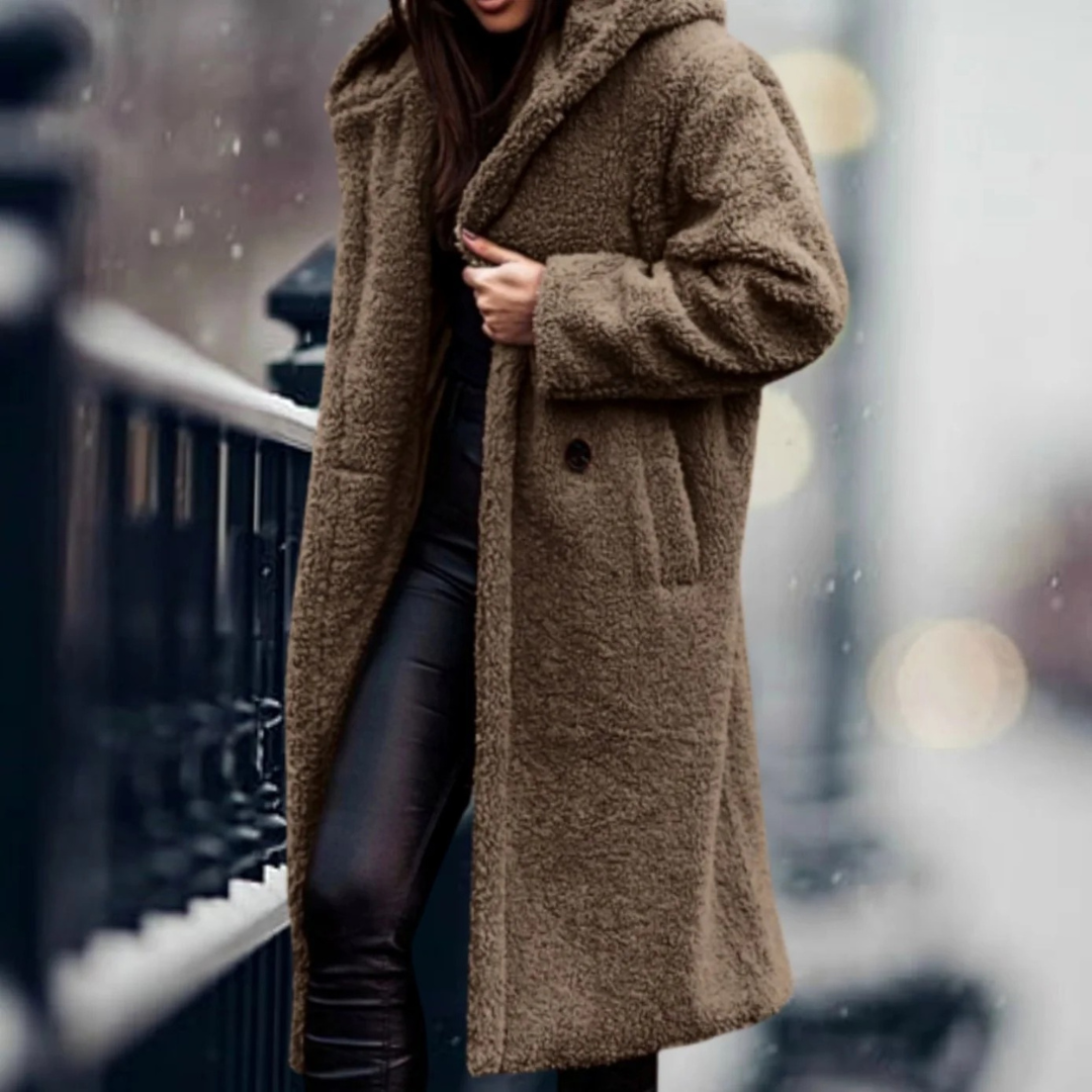 Isabella — Manteau long ouvert en fausse fourrure — Amielle Paris