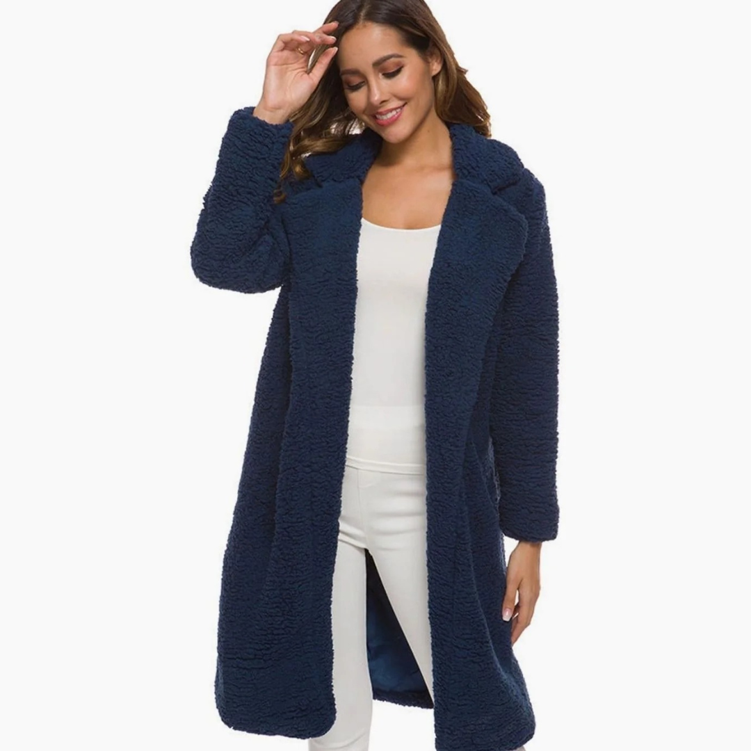 Isabella — Manteau long ouvert en fausse fourrure — Amielle Paris