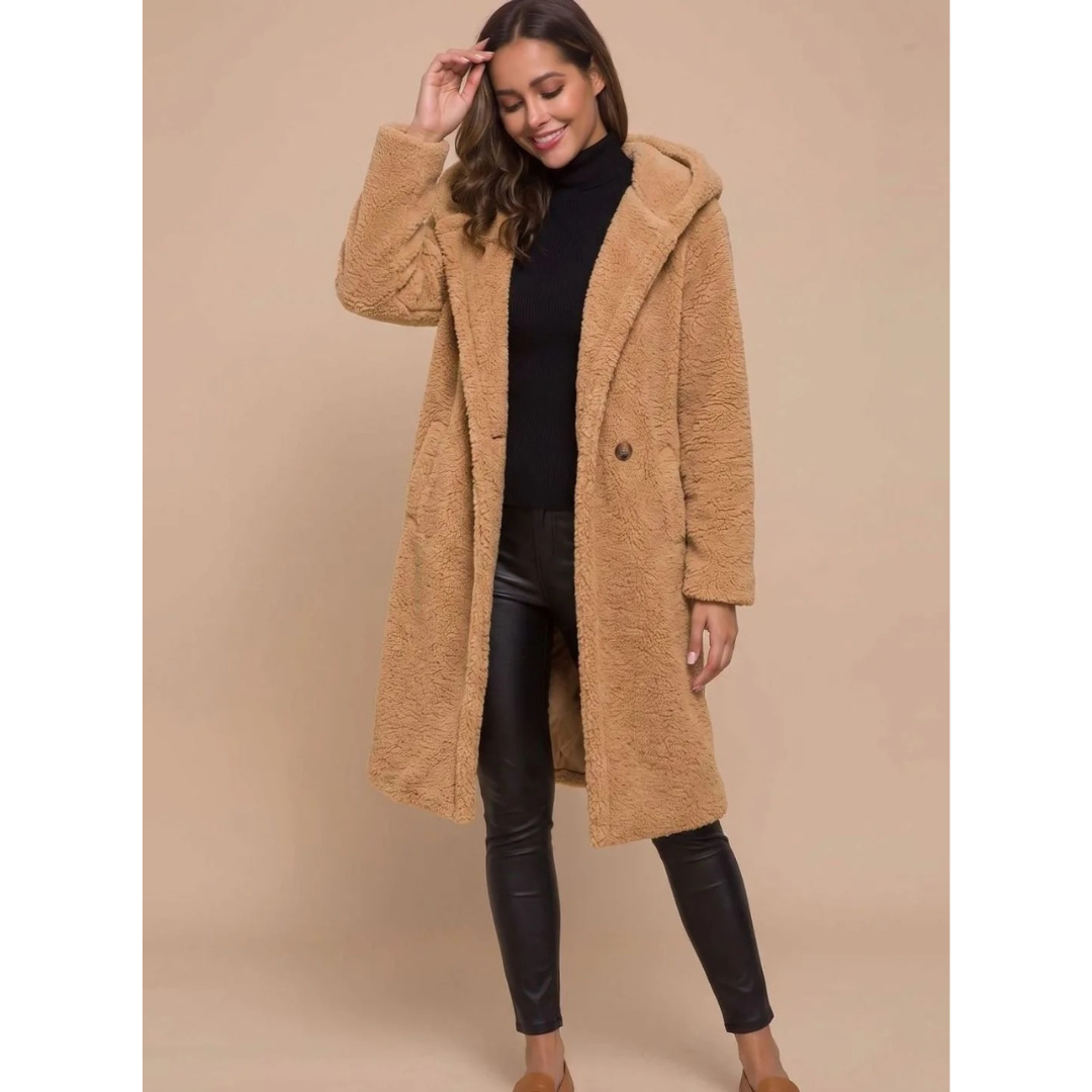 Isabella — Manteau long ouvert en fausse fourrure — Amielle Paris