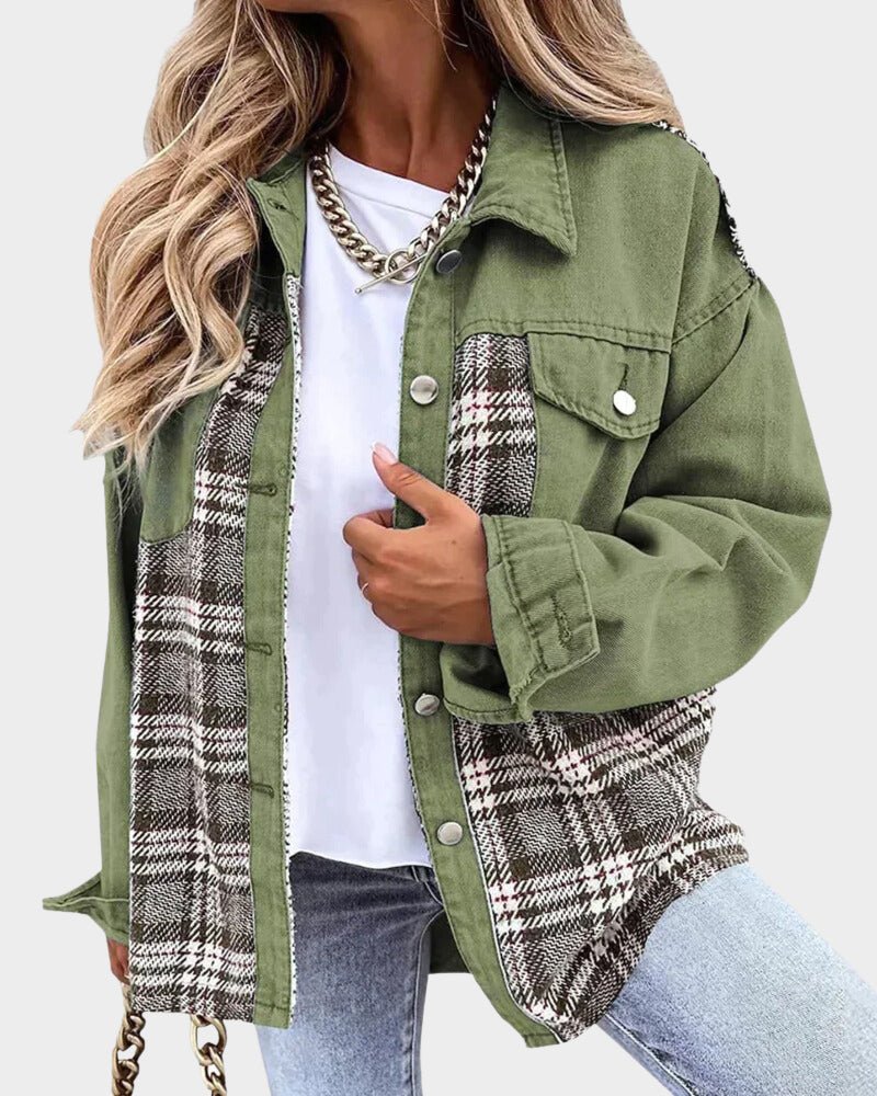 Veste ample en jean à empiècements à carreaux — Amielle Paris