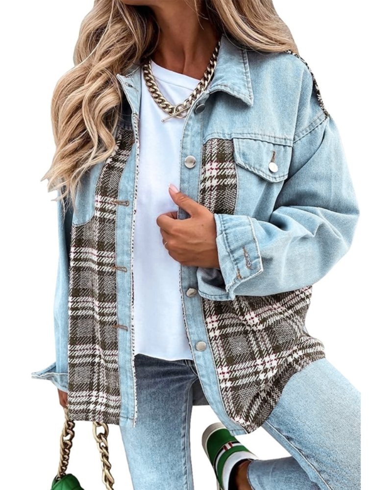 Veste ample en jean à empiècements à carreaux — Amielle Paris