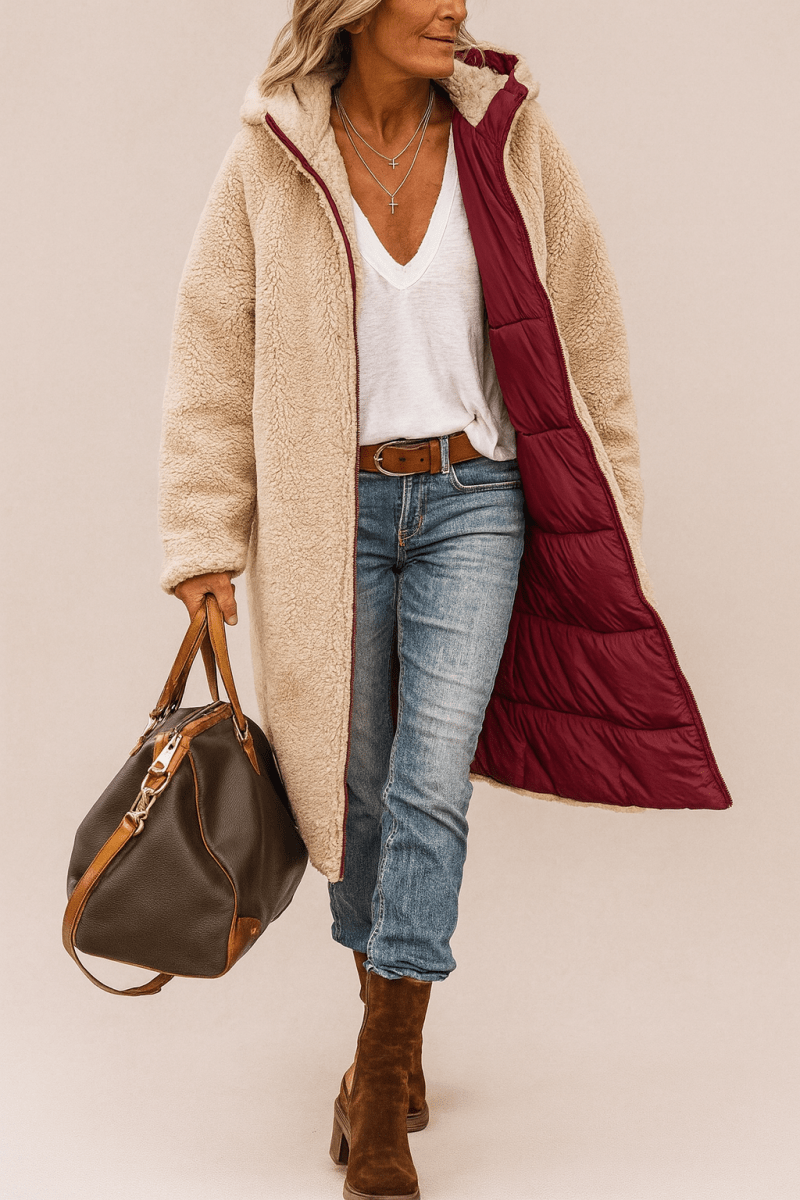 Sienna — Manteau long réversible à col contrastant — Amielle Paris