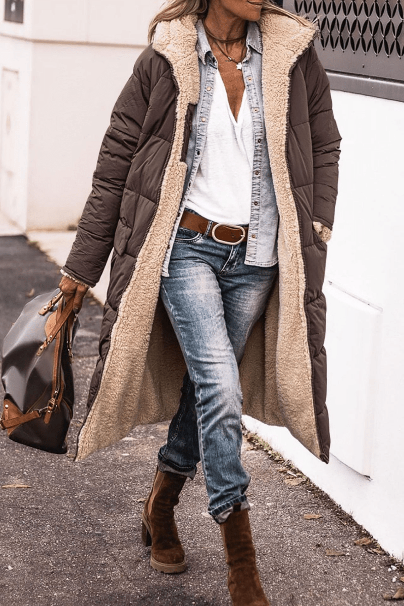 Sienna — Manteau long réversible à col contrastant — Amielle Paris