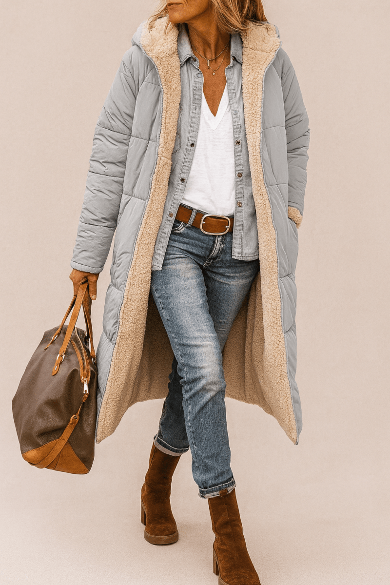 Sienna — Manteau long réversible à col contrastant — Amielle Paris