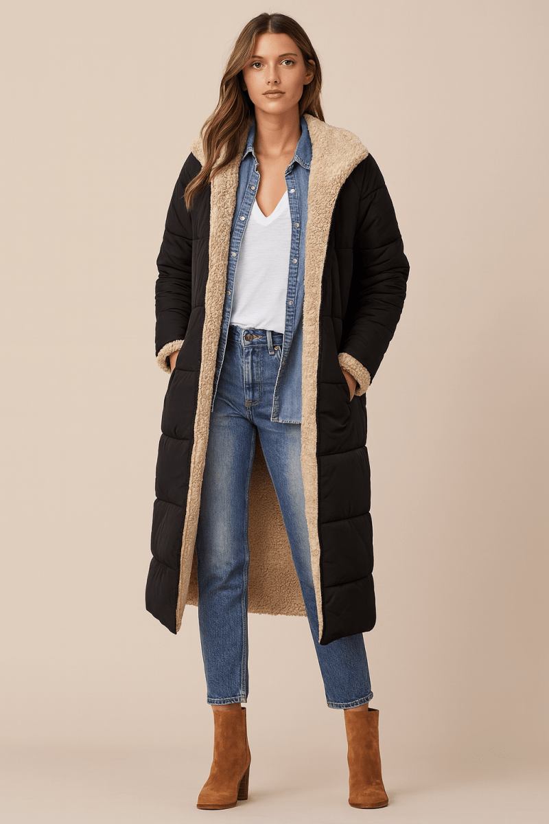 Sienna — Manteau long réversible à col contrastant — Amielle Paris