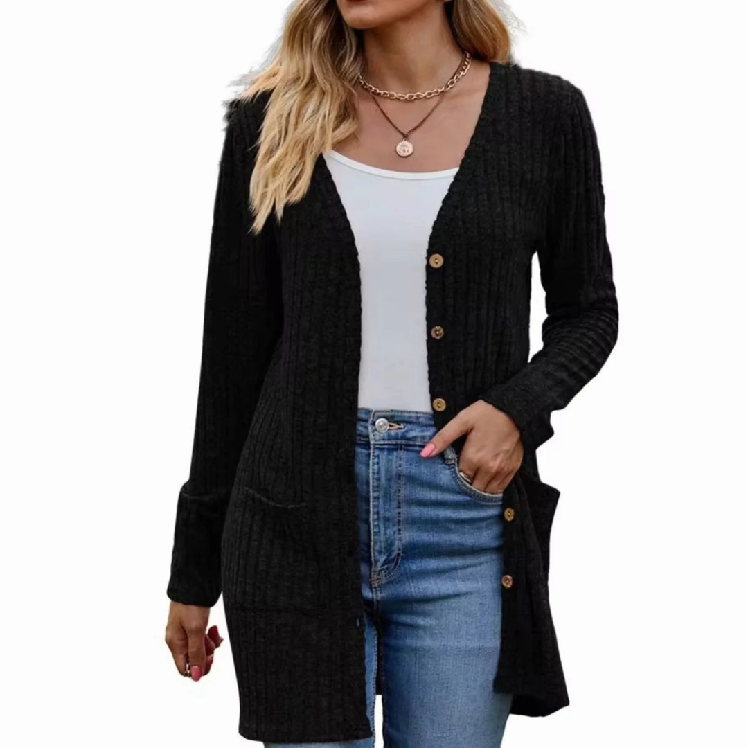 Stella — Cardigan long côtelé boutonné — Amielle Paris