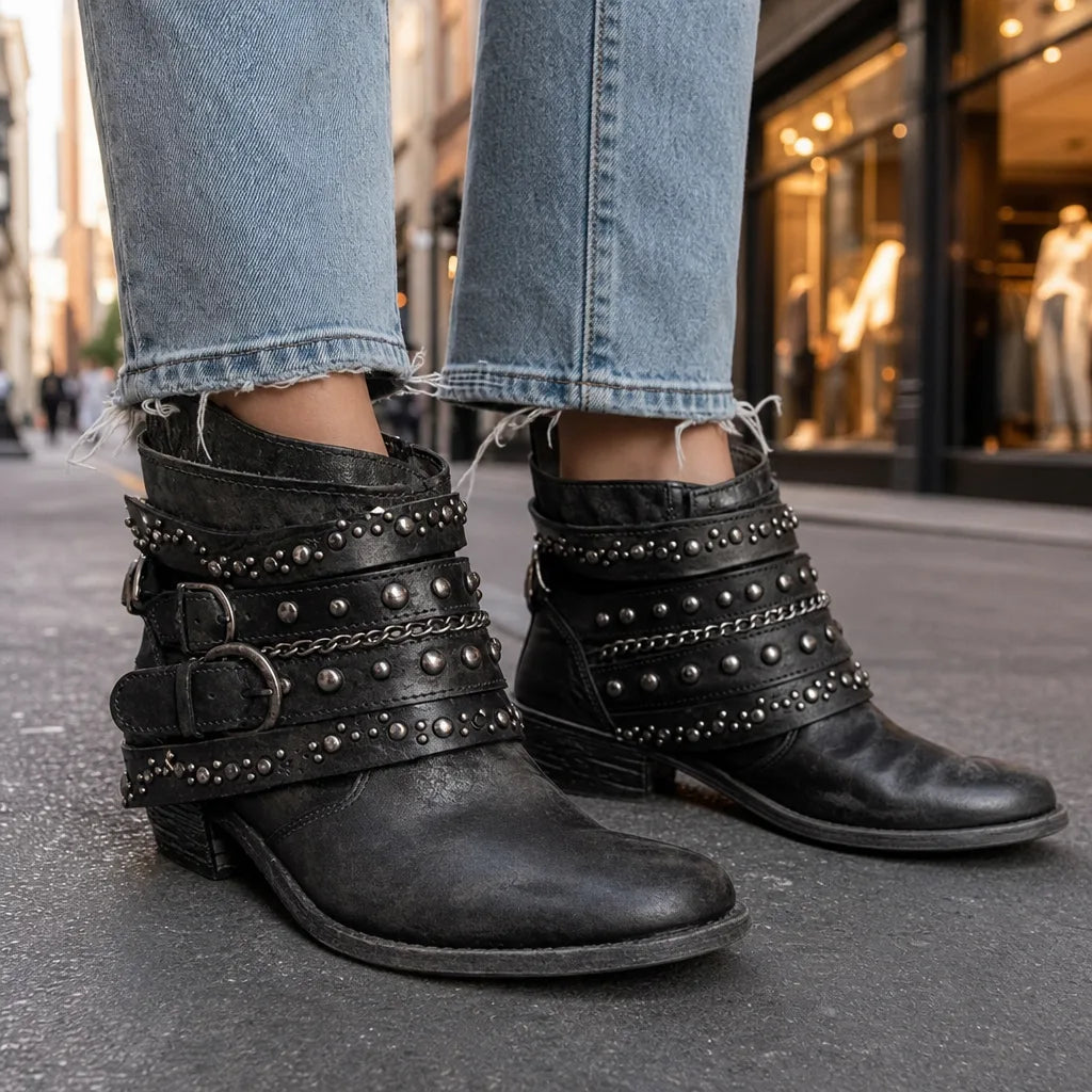 Bottines western cloutées à boucles