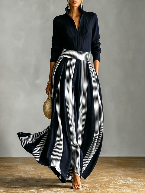 Ensemble haut en maille et jupe longue rayée