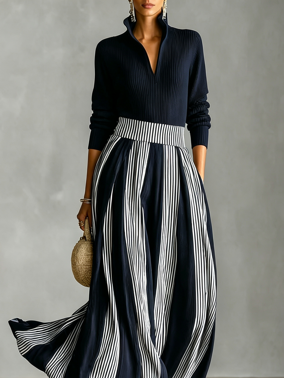 Ensemble haut en maille et jupe longue rayée — Amielle Paris