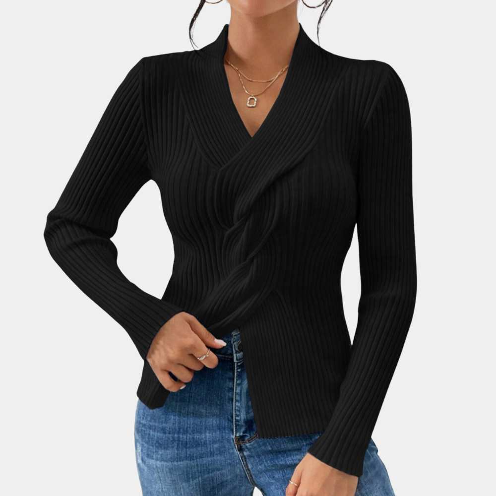 Elena — Pull côtelé à col V et devant torsadé — Amielle Paris