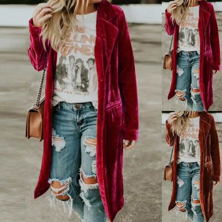 Ingrid — Manteau long ouvert en velours — Amielle Paris