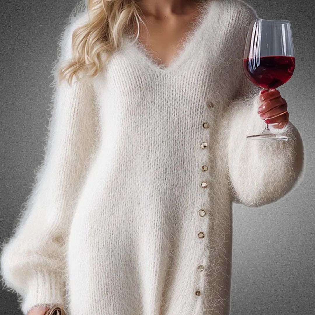 Robe pull longue duveteuse à fente boutonnée — Amielle Paris