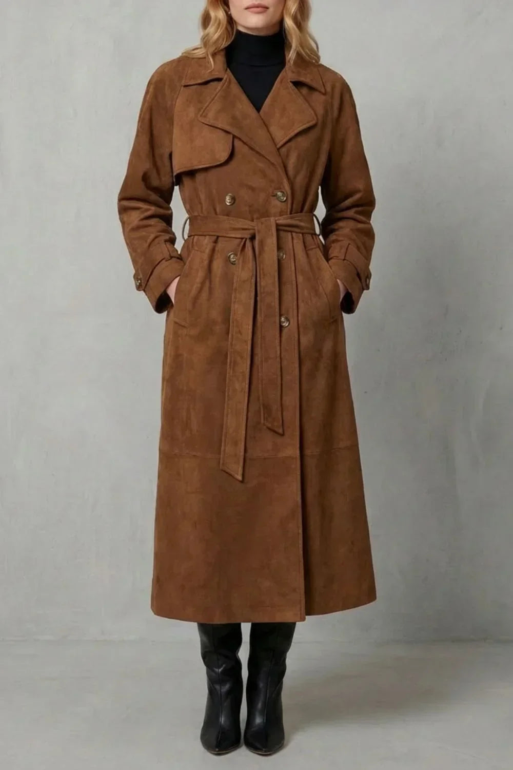 Trench croisé aspect daim à ceinture — Amielle Paris