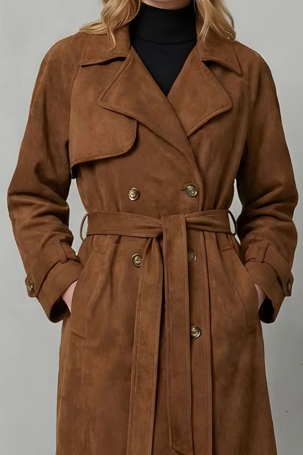 Trench croisé aspect daim à ceinture — Amielle Paris