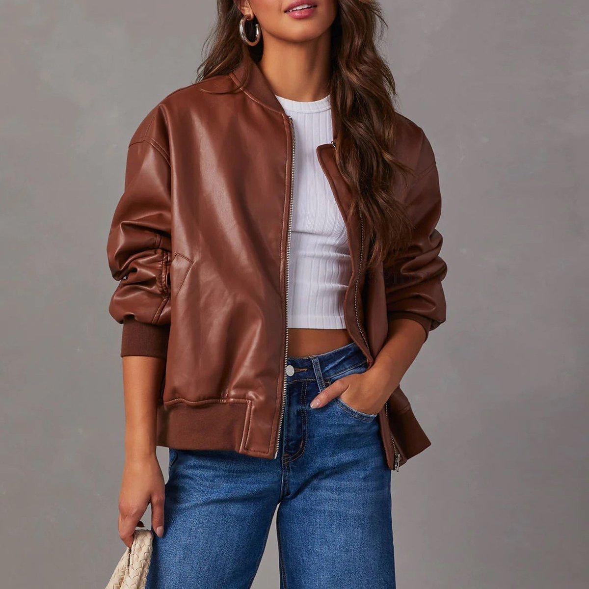 Blouson ample aspect cuir à bords côtelés — Amielle Paris