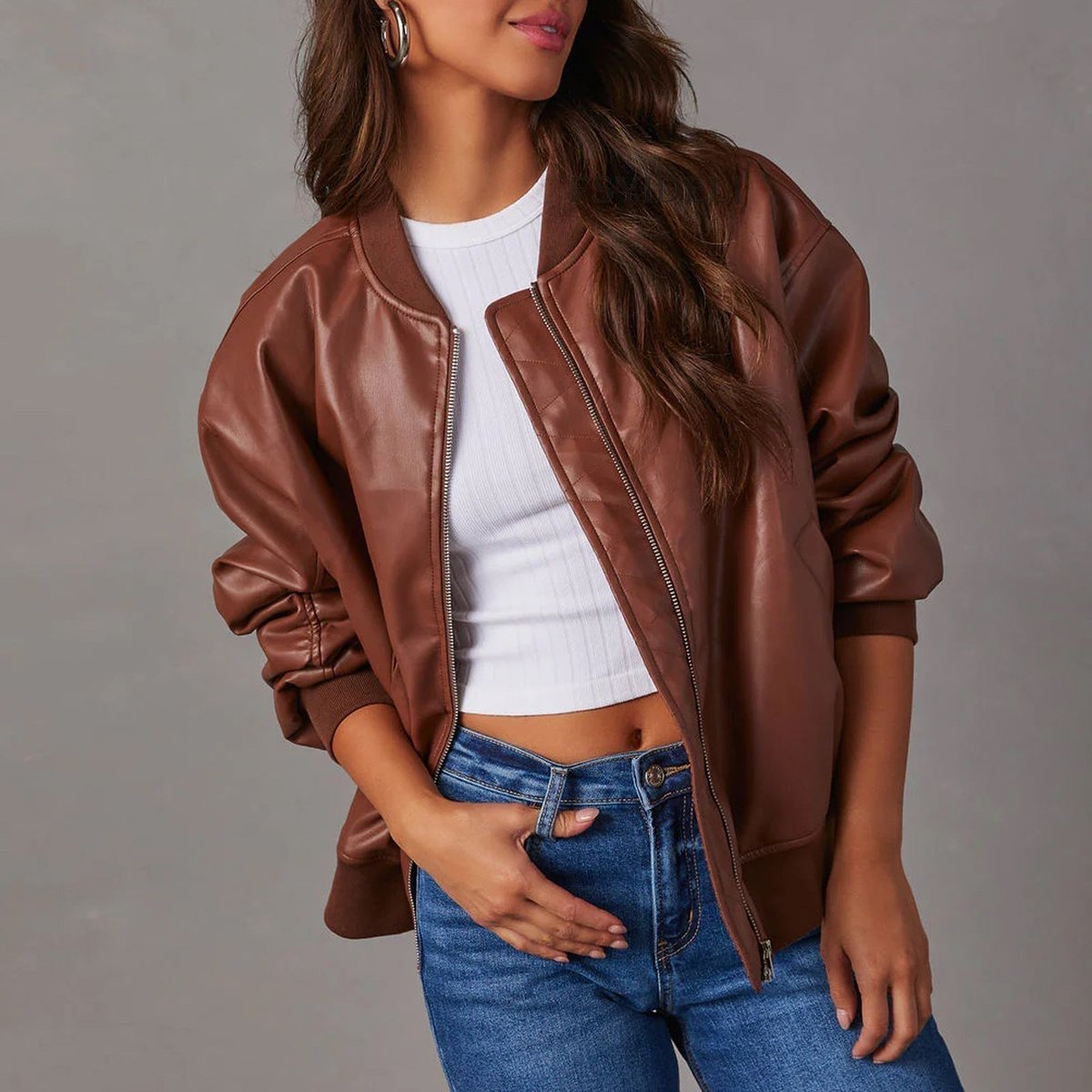 Blouson ample aspect cuir à bords côtelés — Amielle Paris