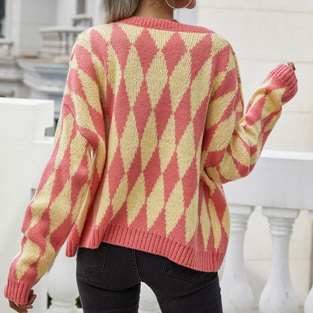 Gilet boutonné à losanges et col rond — Amielle Paris