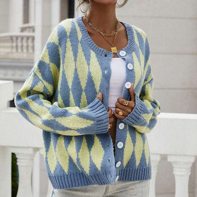 Gilet boutonné à losanges et col rond — Amielle Paris