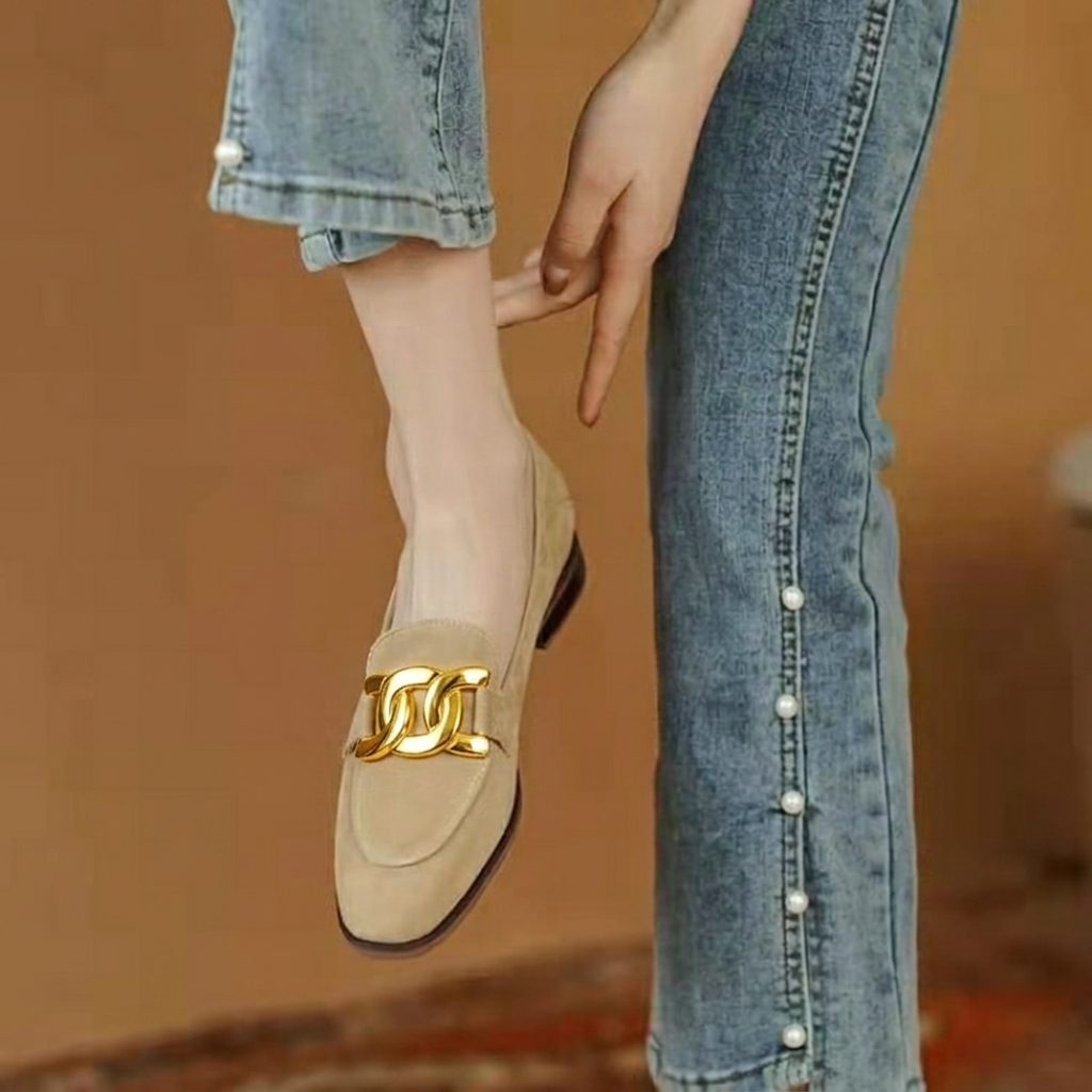 Mocassins aspect daim à chaîne dorée — Amielle Paris