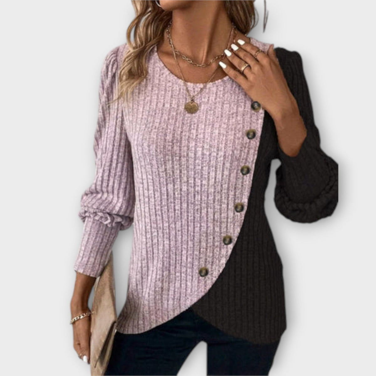 Nostalgia | Pull noir et lilas color block
