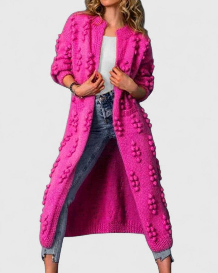 Clara — Cardigan long boutonné en maille en relief — Amielle Paris