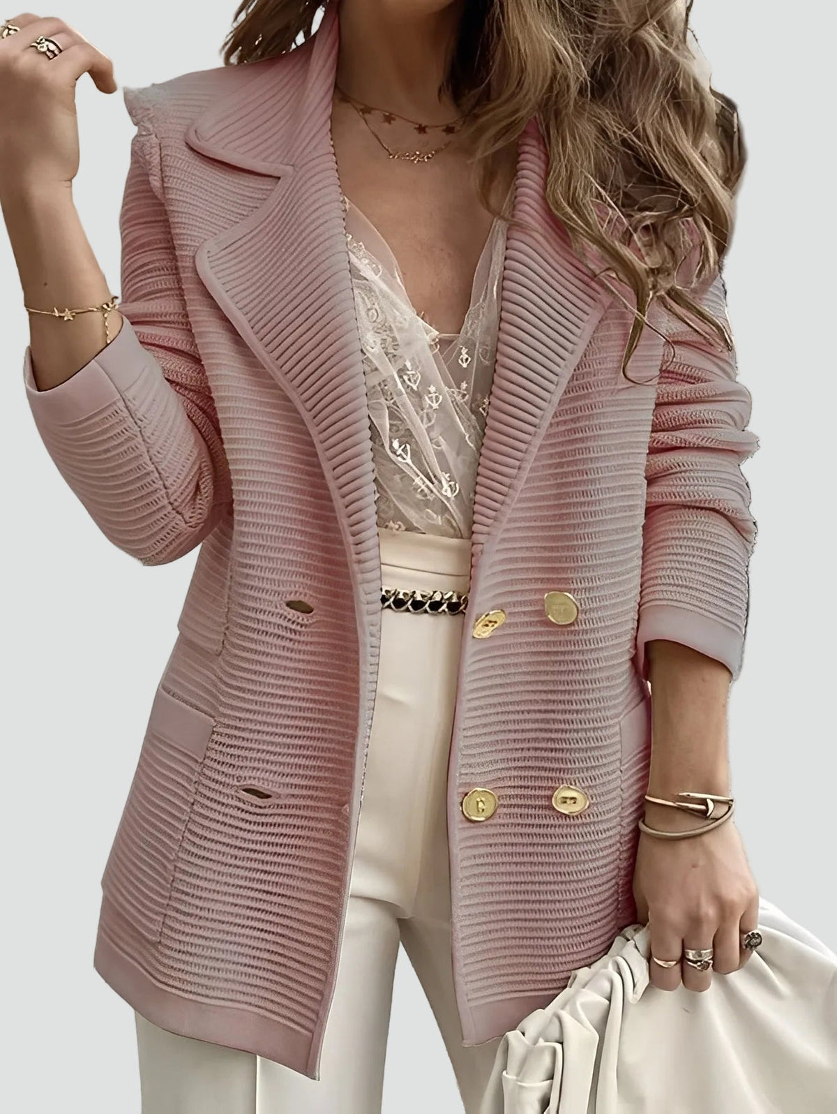 Blazer croisé texturé à boutons dorés — Amielle Paris