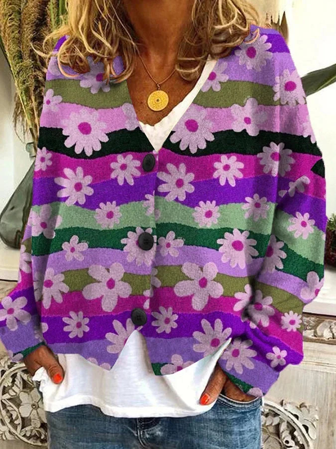 Gilet à fleurs et rayures à col V — Amielle Paris