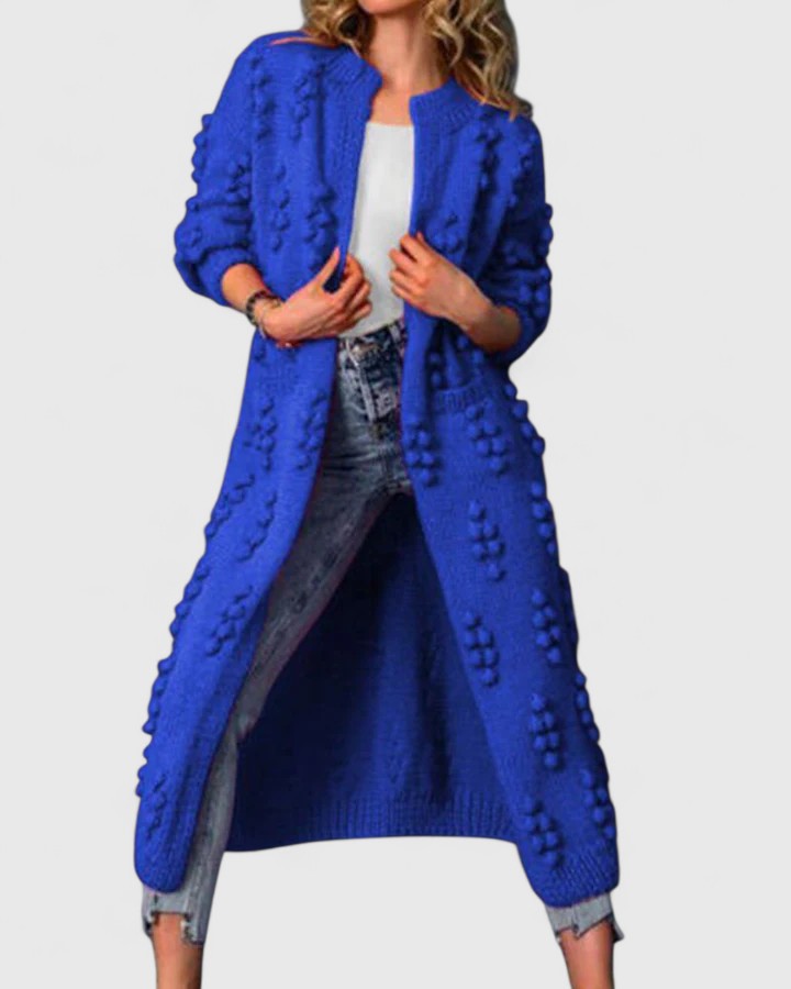 Clara — Cardigan long boutonné en maille en relief — Amielle Paris