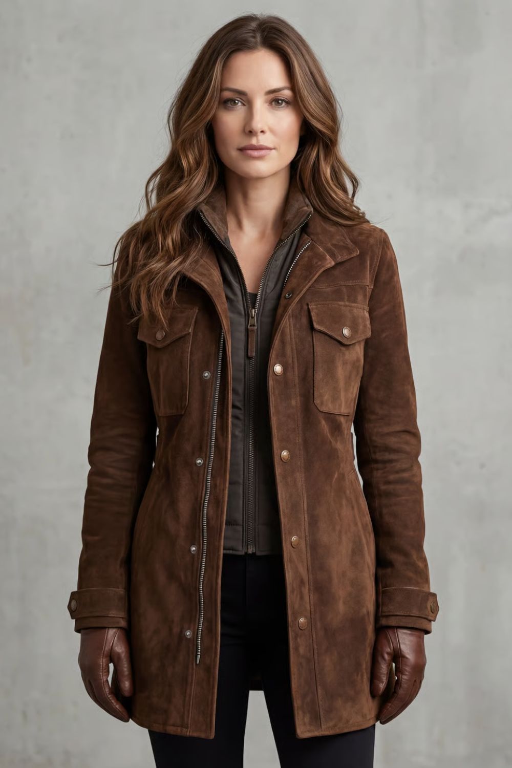 Veste longue aspect daim à poches poitrine — Amielle Paris