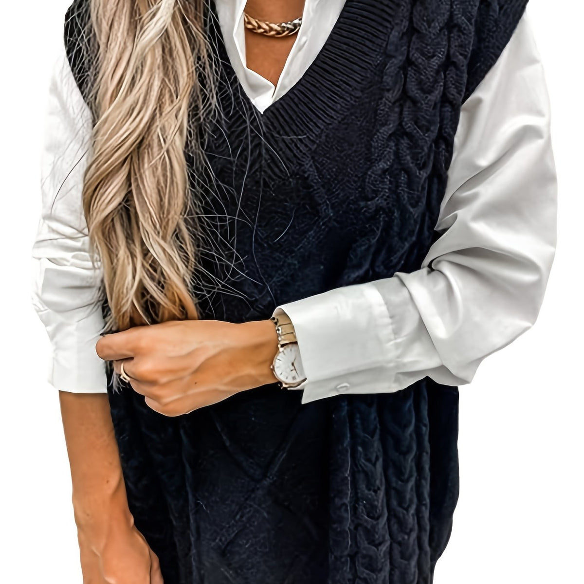 Pull sans manches ample à torsades et col V — Amielle Paris