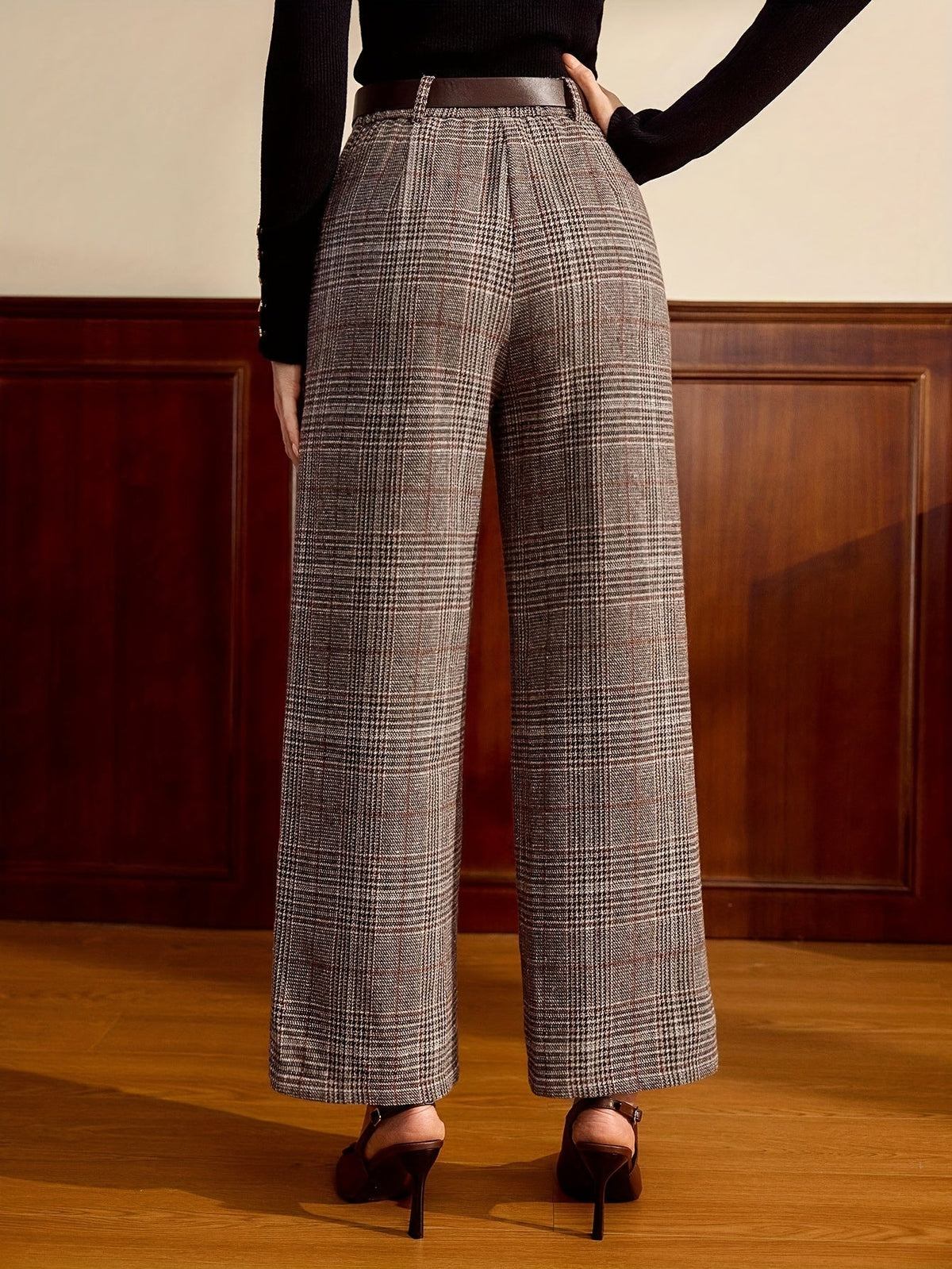 Pantalon large à carreaux marron café — Amielle Paris