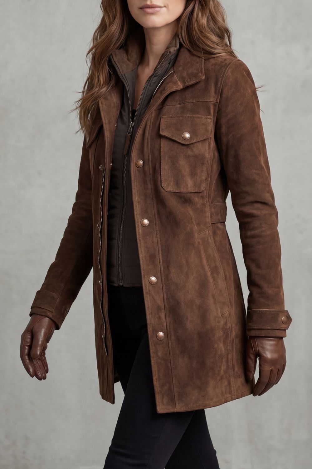 Veste longue aspect daim à poches poitrine — Amielle Paris