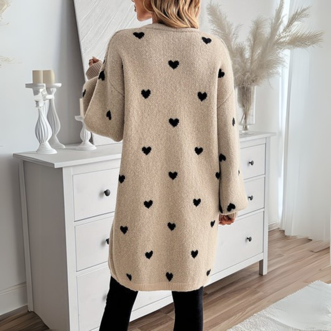 Sophia — Cardigan long ouvert à motifs cœur — Amielle Paris