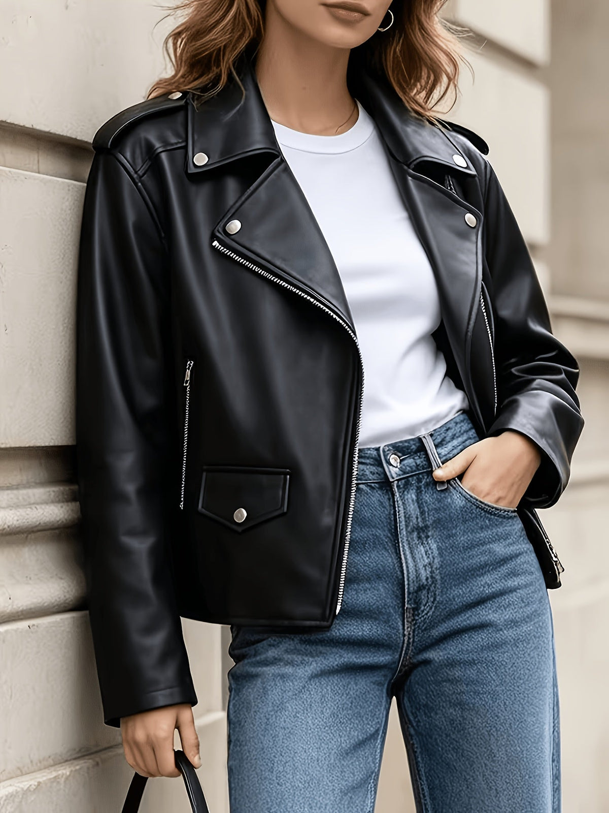 Veste de motard à zip asymétrique et détails côtelés — Amielle Paris