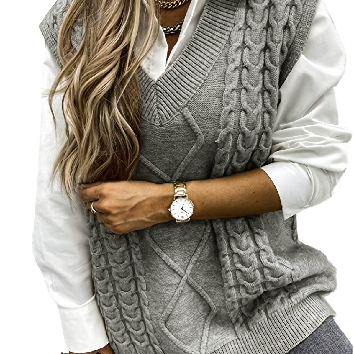 Pull sans manches ample à torsades et col V — Amielle Paris
