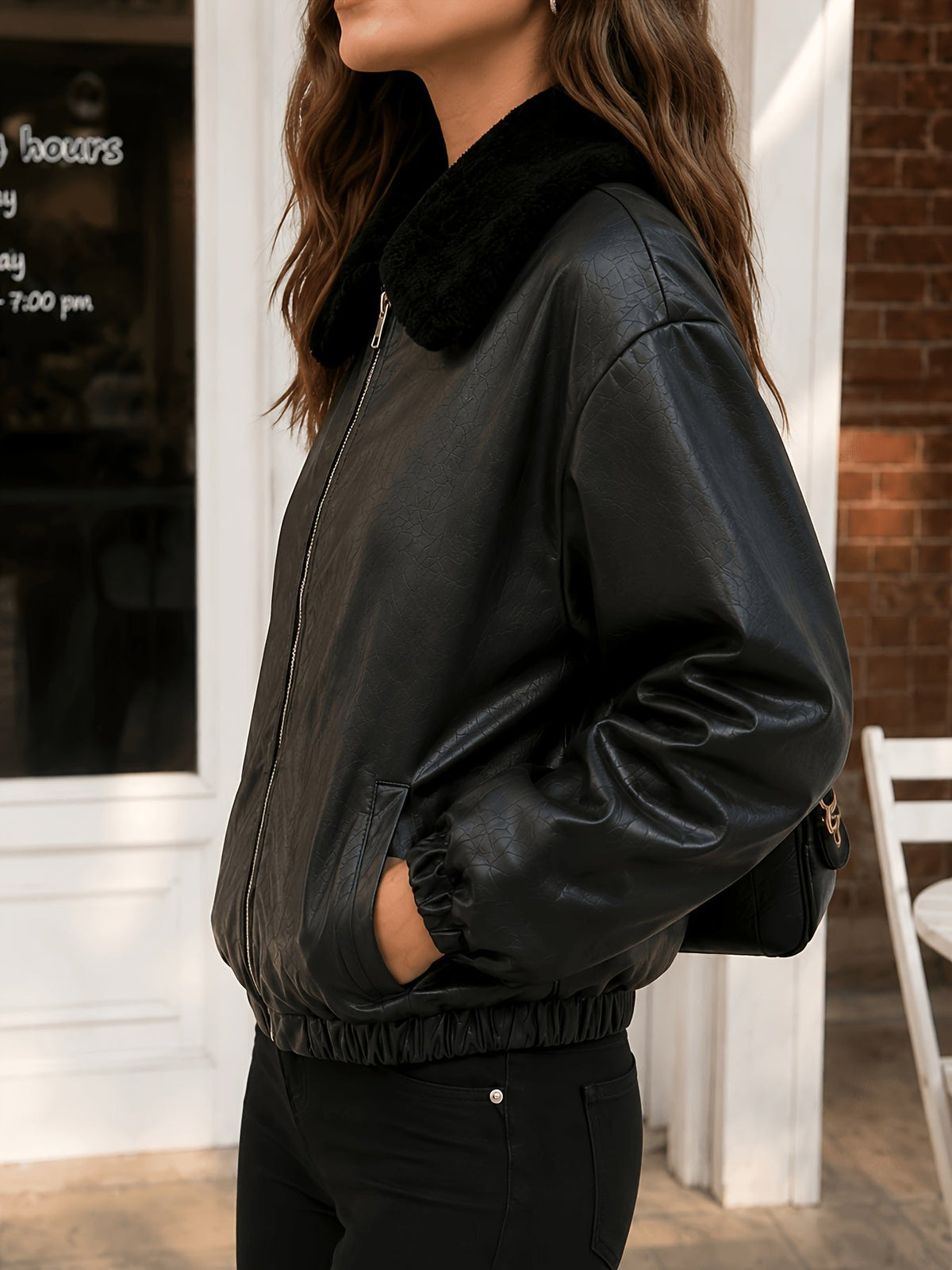 Blouson aspect cuir à col en fausse fourrure — Amielle Paris