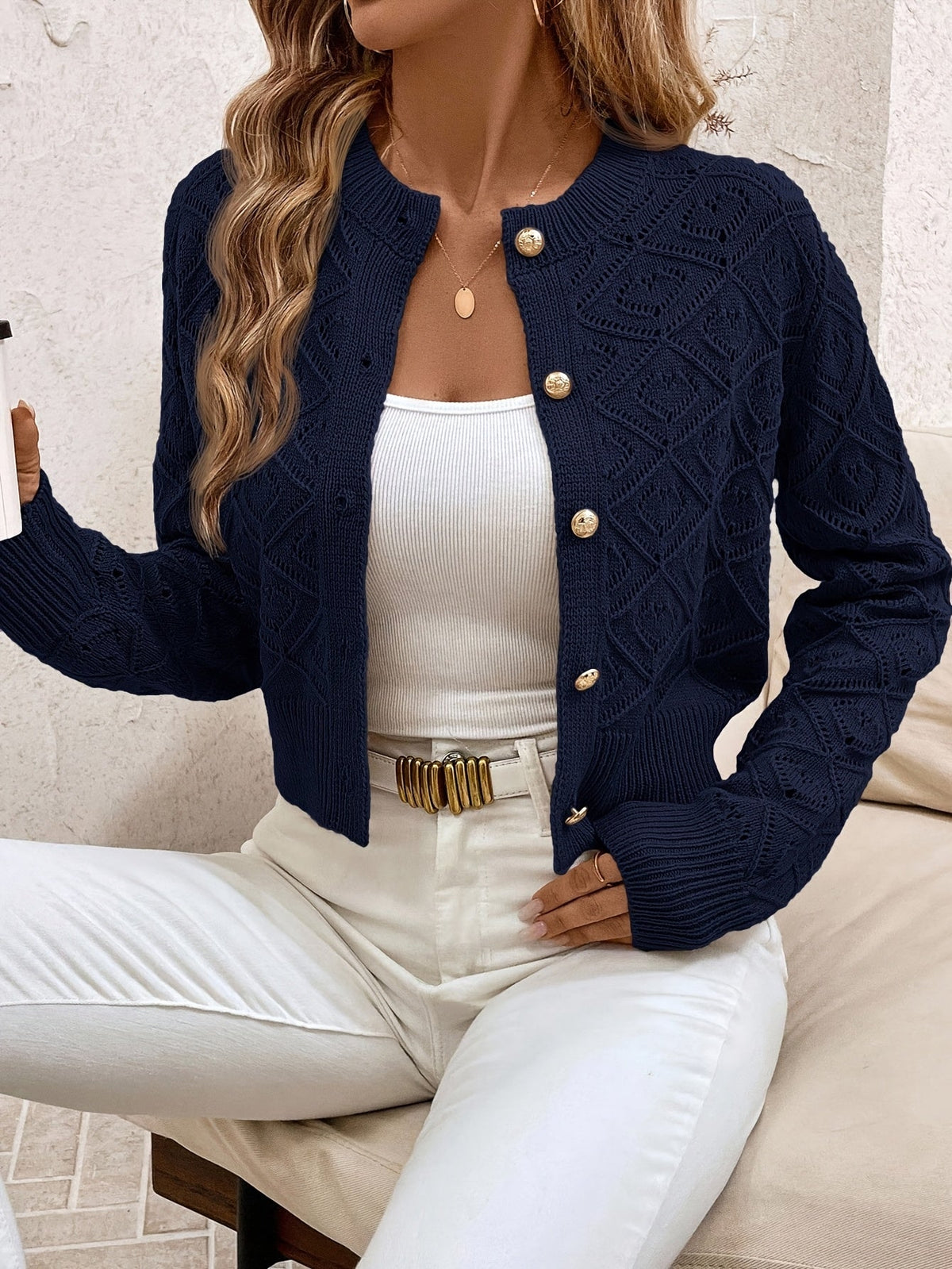 Camille | Gilet en maille à losanges et boutons — Amielle Paris