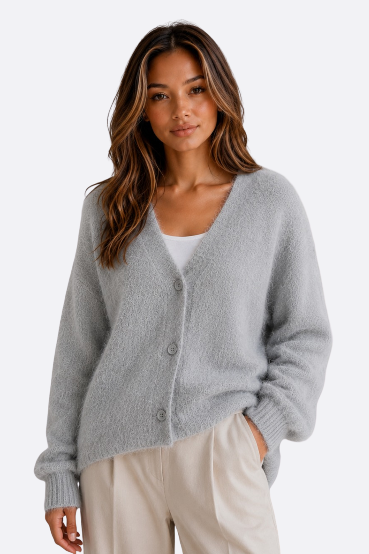 Cardigan ample duveteux à col V Rose — Amielle Paris