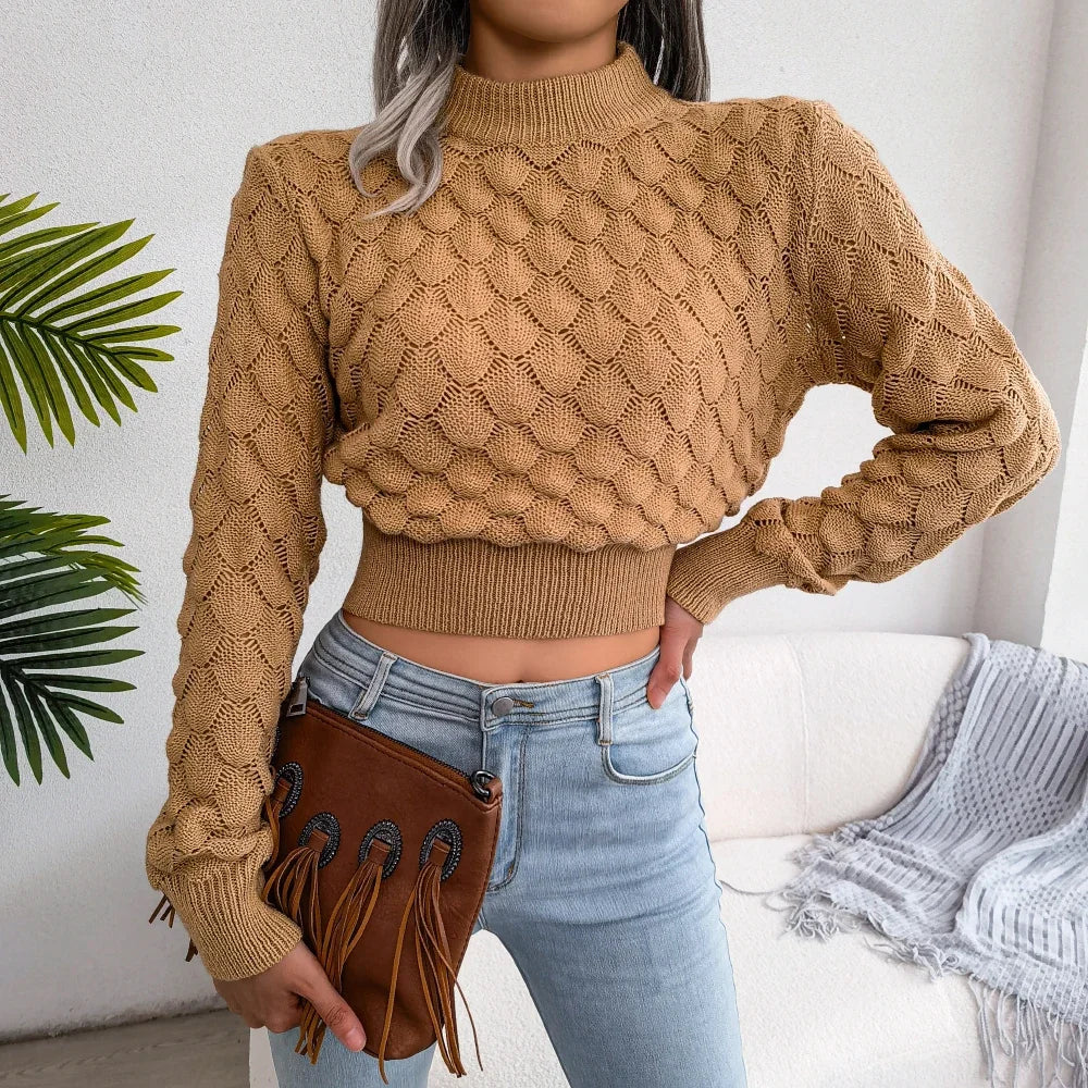Pull court en maille texturée à manches bouffantes — Amielle Paris