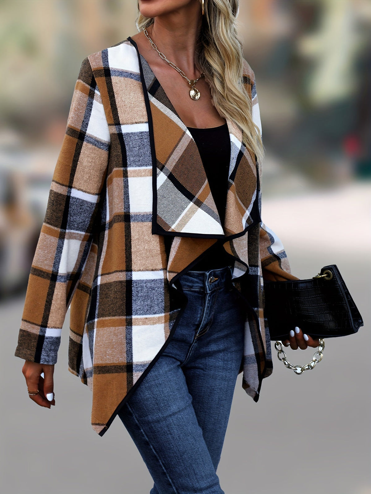 Veste drapée à carreaux camel et marine — Amielle Paris