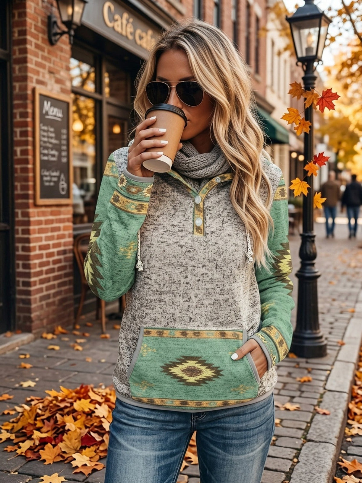 Pull chiné à capuche et bordures géométriques — Amielle Paris