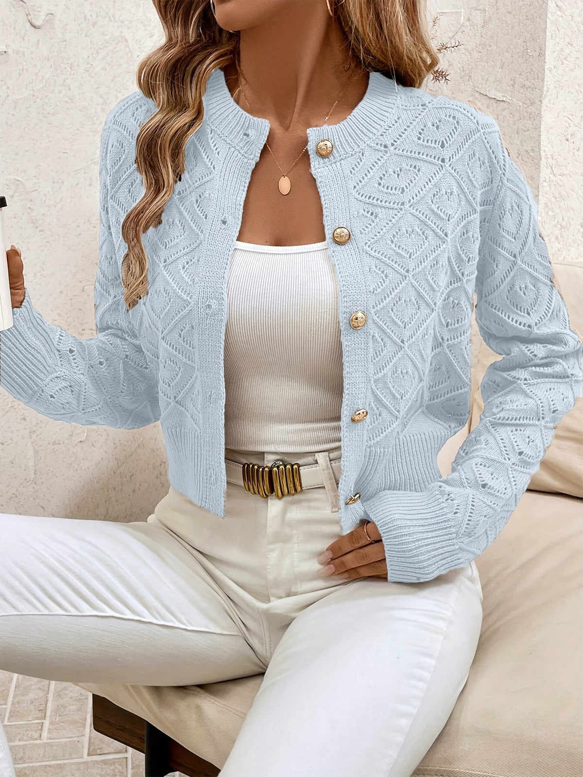 Camille | Gilet en maille à losanges et boutons — Amielle Paris