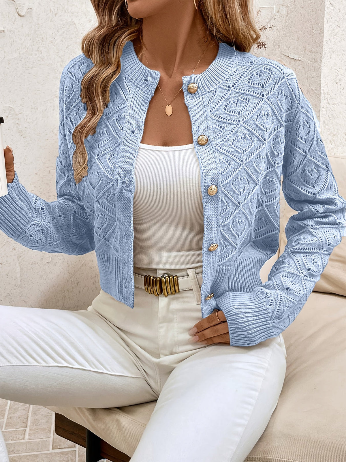 Camille | Gilet en maille à losanges et boutons — Amielle Paris