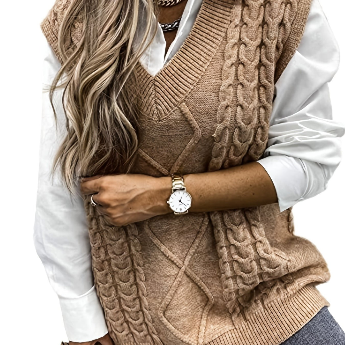 Pull sans manches ample à torsades et col V — Amielle Paris