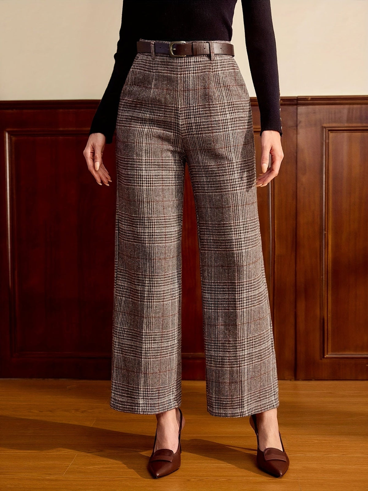 Pantalon large à carreaux marron café — Amielle Paris