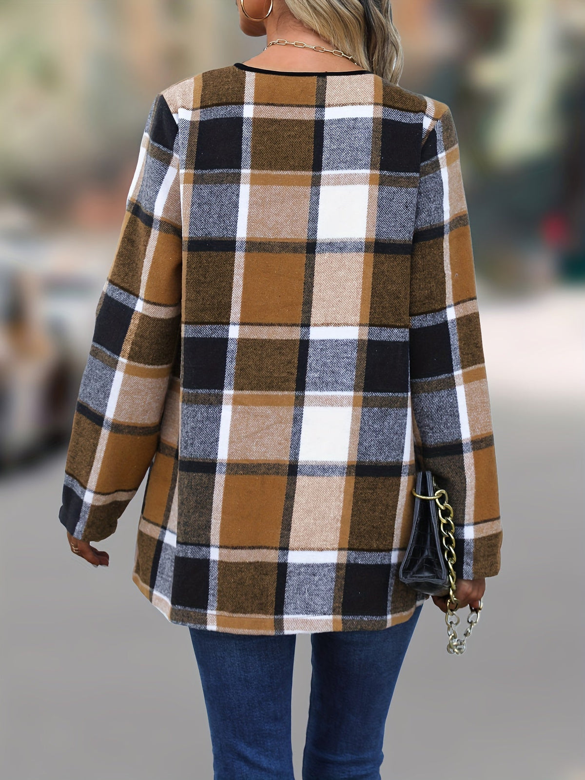 Veste drapée à carreaux camel et marine — Amielle Paris