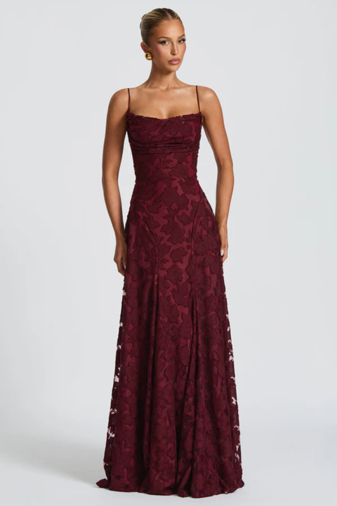 Violaine — Robe longue à fleurs en relief